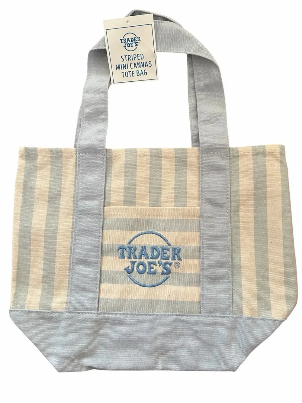 Trader Joe’s Striped Embroidered Tote Bag – Blue & Beige Reusable Shopper